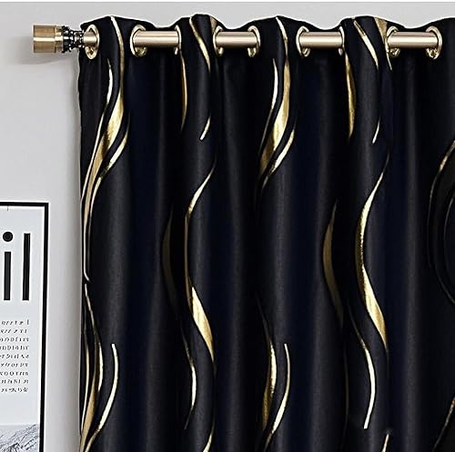 MYRU 1 par de cortinas opacas negras para dormitorio, cortinas a rayas de lujo para sala de estar (negro y dorado, 2 x 54 pulgadas de ancho x 90