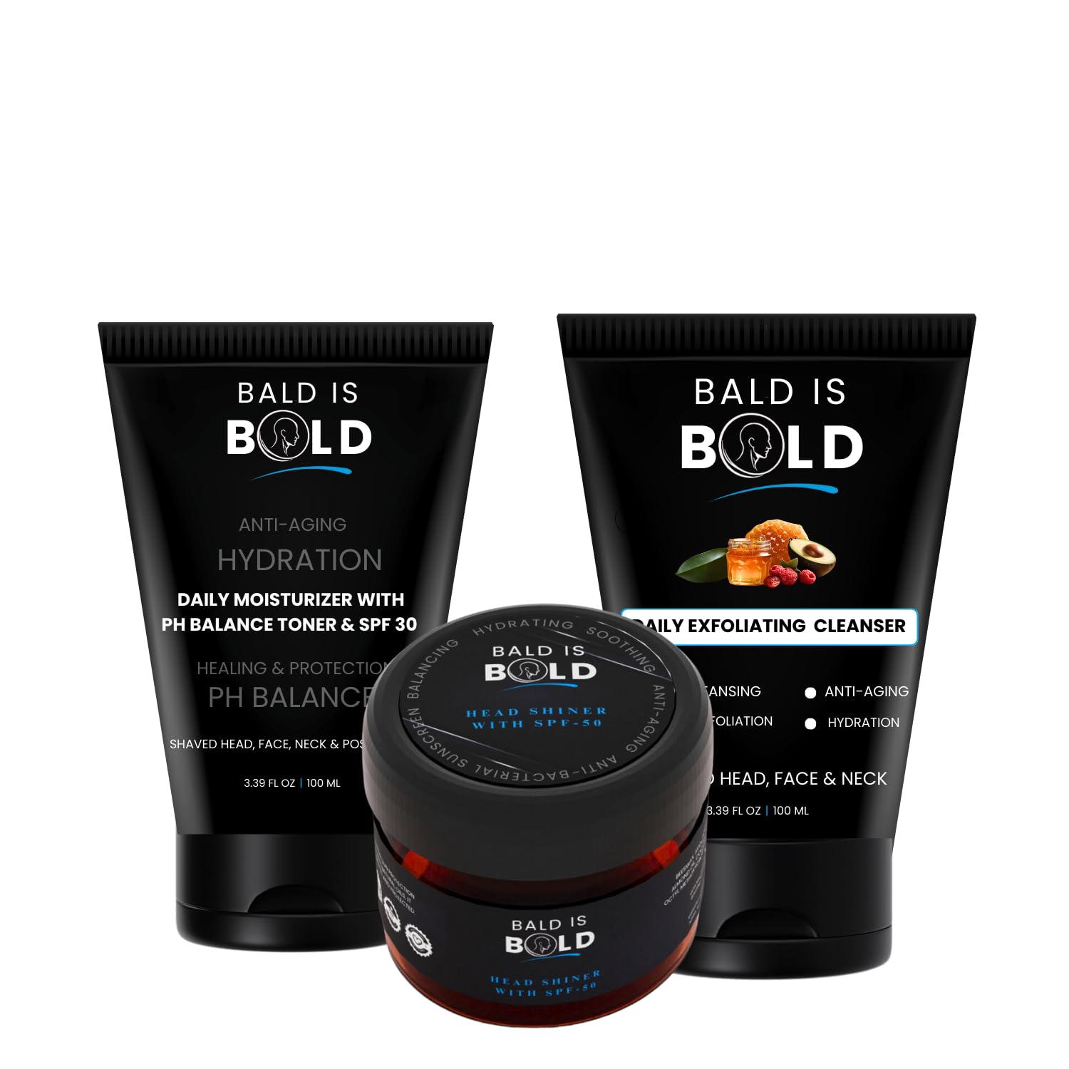 BALD IS BOLD Shaved Head Care Essentials Combo Pack | Includes Daily Exfoliating Cleanser + Moisturizer with pH Toner & SPF 30 + Daily Shiner with SPF 50 | For Bald & Bold Head, Shaved Head, Bald Head Care | Anti-Aging, Sun Protection, Deep Cleansing, Hydrating & Soothing | Face & Scalp Care Kit for Men | Pre-Shave & Post-Shave Grooming Routine | With Salicylic Acid, Niacinamide, Hyaluronic Acid, Sea Buckthorn, Shea Butter, Honey, Vitamin E, Avocado Oil.