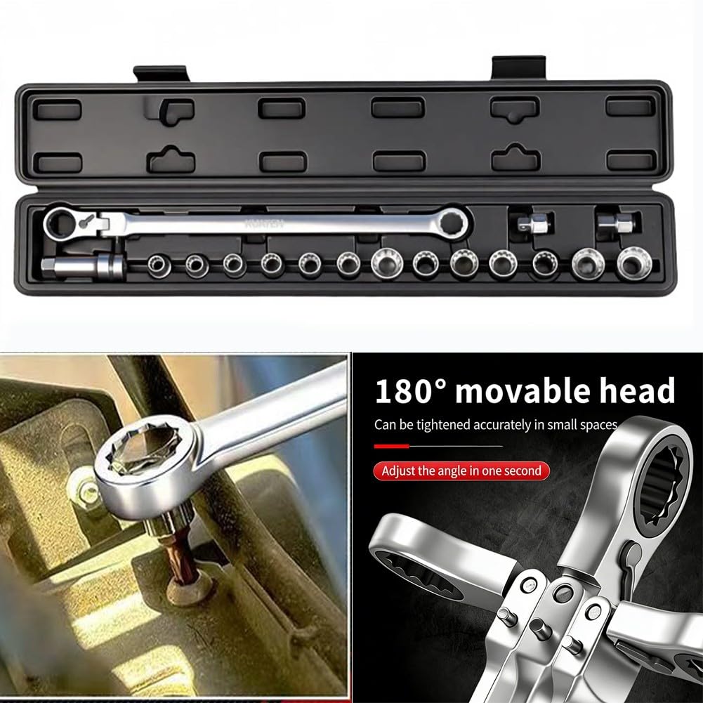 SPORTARC Set di chiavi a bussola, cricchetto a 72 denti, design passante, testa girevole a 180°, kit da 17 pezzi in acciaio legato per riparazione auto fai da te