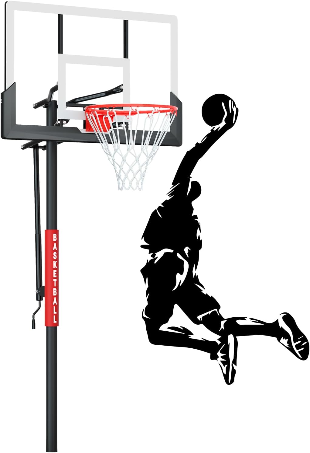 Fully assembled G GX9 in-ground basketball hoop with a player dunking.