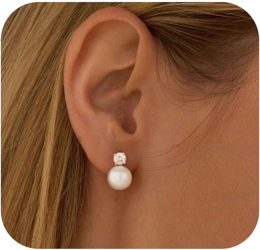 WFYOU Pearl Earrings for Women 925 Sterling Silver Earring 14K Gold Plated Pearls Stud Earrings for Women Trendy White 5 6 7 8 9 10MM Pearl CZ Diamond Hypoallergenic Earring Jewelry Gift