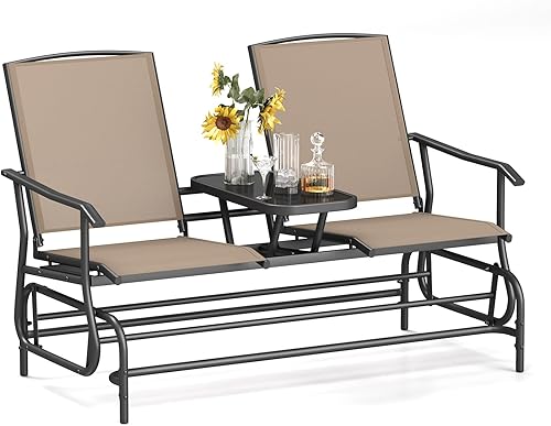 Miniatura 12 de Tangkula Silla mecedora para 2 personas, sofá biplaza mecedora para patio con mesa central de vidrio templado, banco de columpio para exteriores con