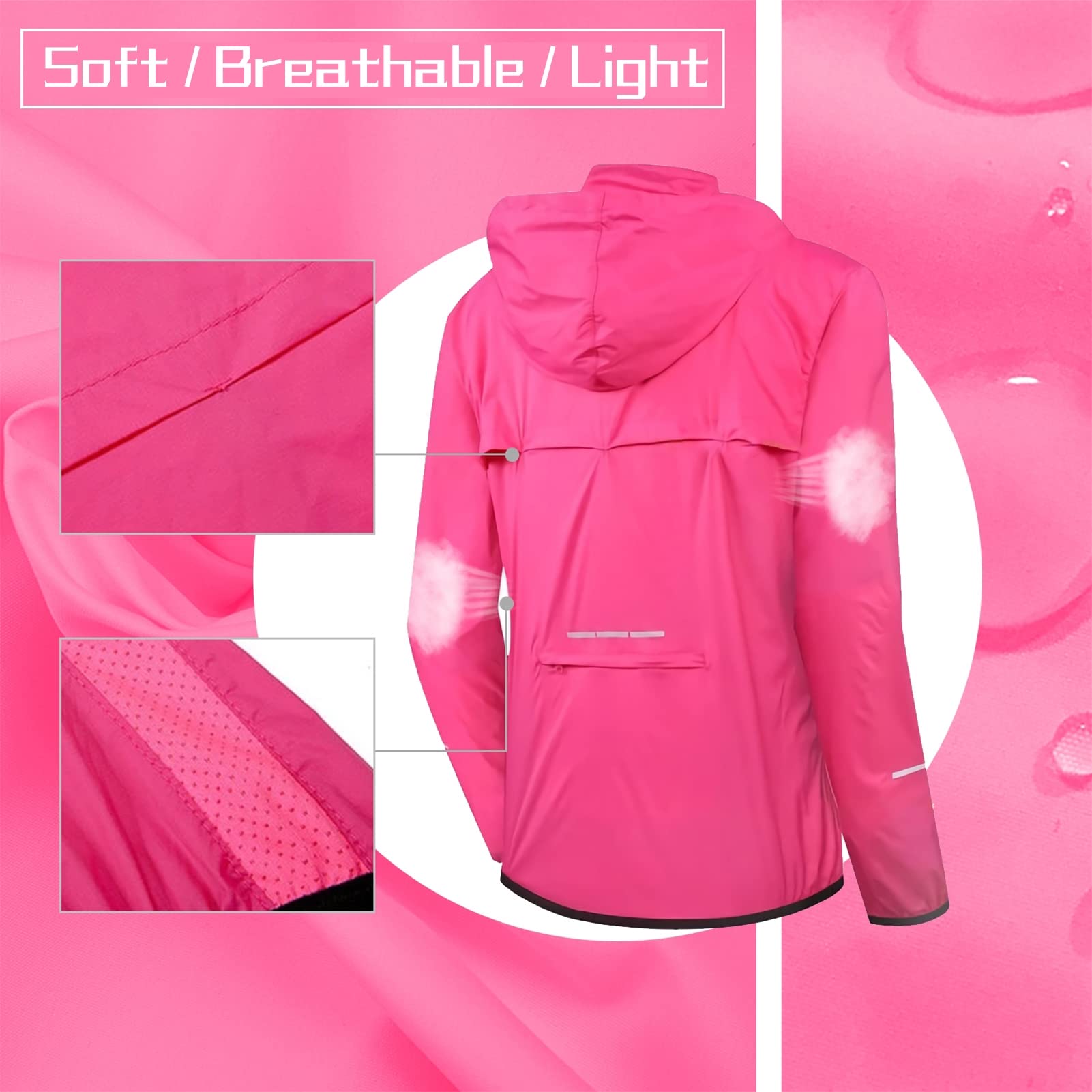 Giacca da Ciclismo Donna Impermeabile Traspirante Giacca Antipioggia Sottile Cappotto da Bici con Cappuccio Riflettente Antivento Ripiegabile Giacca a Vento da Esterno