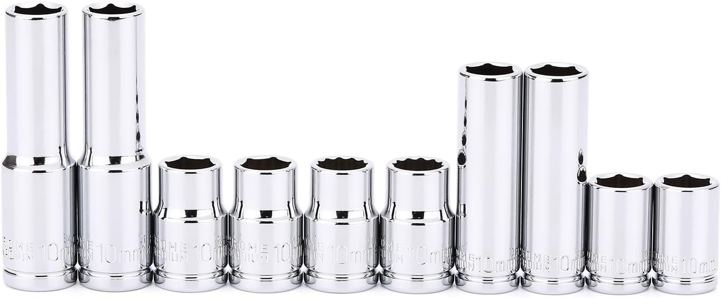 CASOMAN 10Piece Impact Socket Set, 1/4" & 3/8" Drive, Deep & Shallow, 10mm, Metric, Mirror Chrome Finish