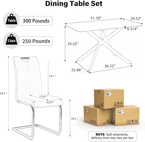 Miniatura 23 de Juego de mesa de comedor de 7 piezas para 6, mesa rectangular moderna de cristal con 6 sillas tapizadas de cuero, juegos de mesa y sillas de comedor