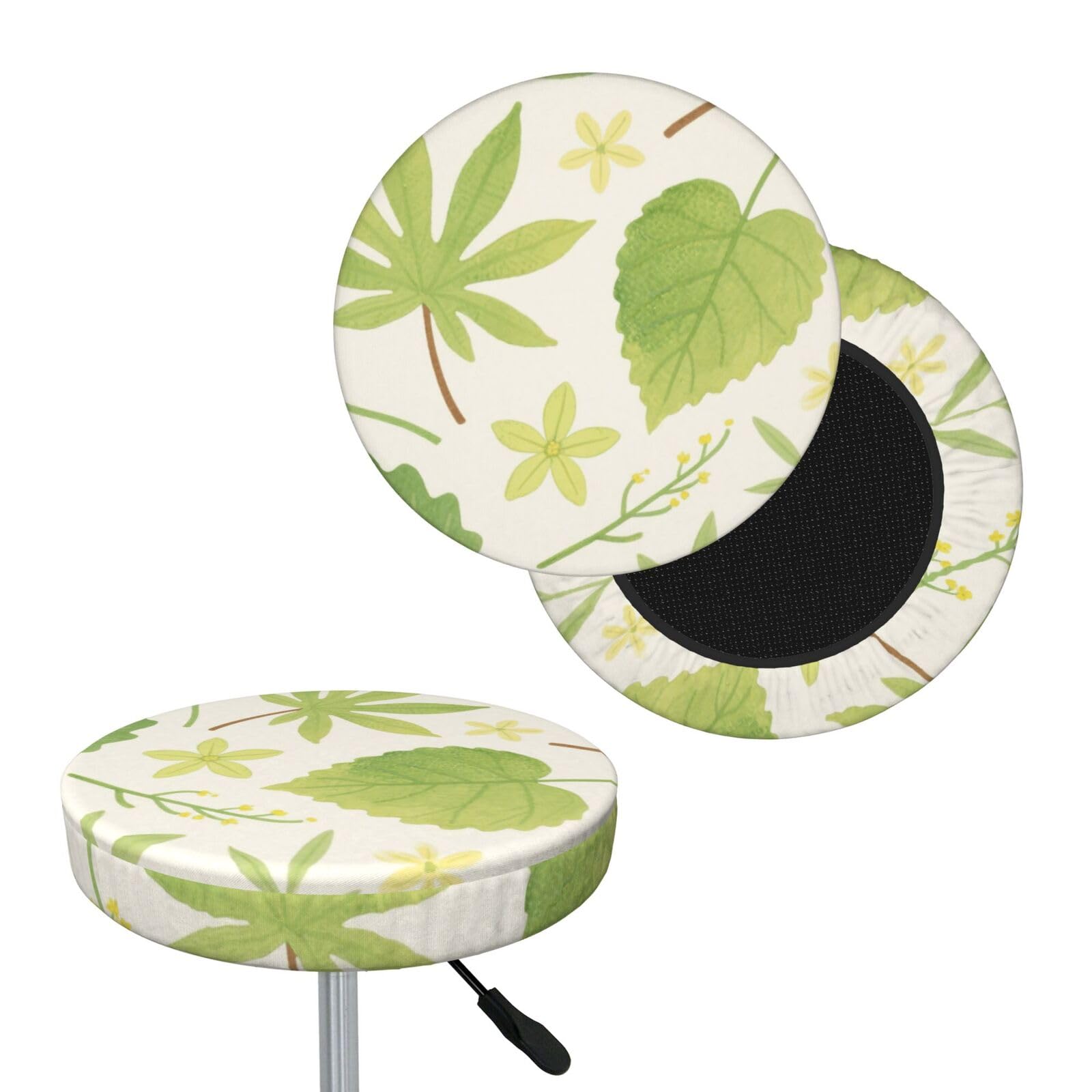 FekiLoot Watercolor Green Leaves Round Bar Stool Covers Stretch Washable Bar Stool Covers Dustproof Slipcover Bar Chair Covers with Elastic Band for Bar Kitchen Living Room Decor 13 Inch