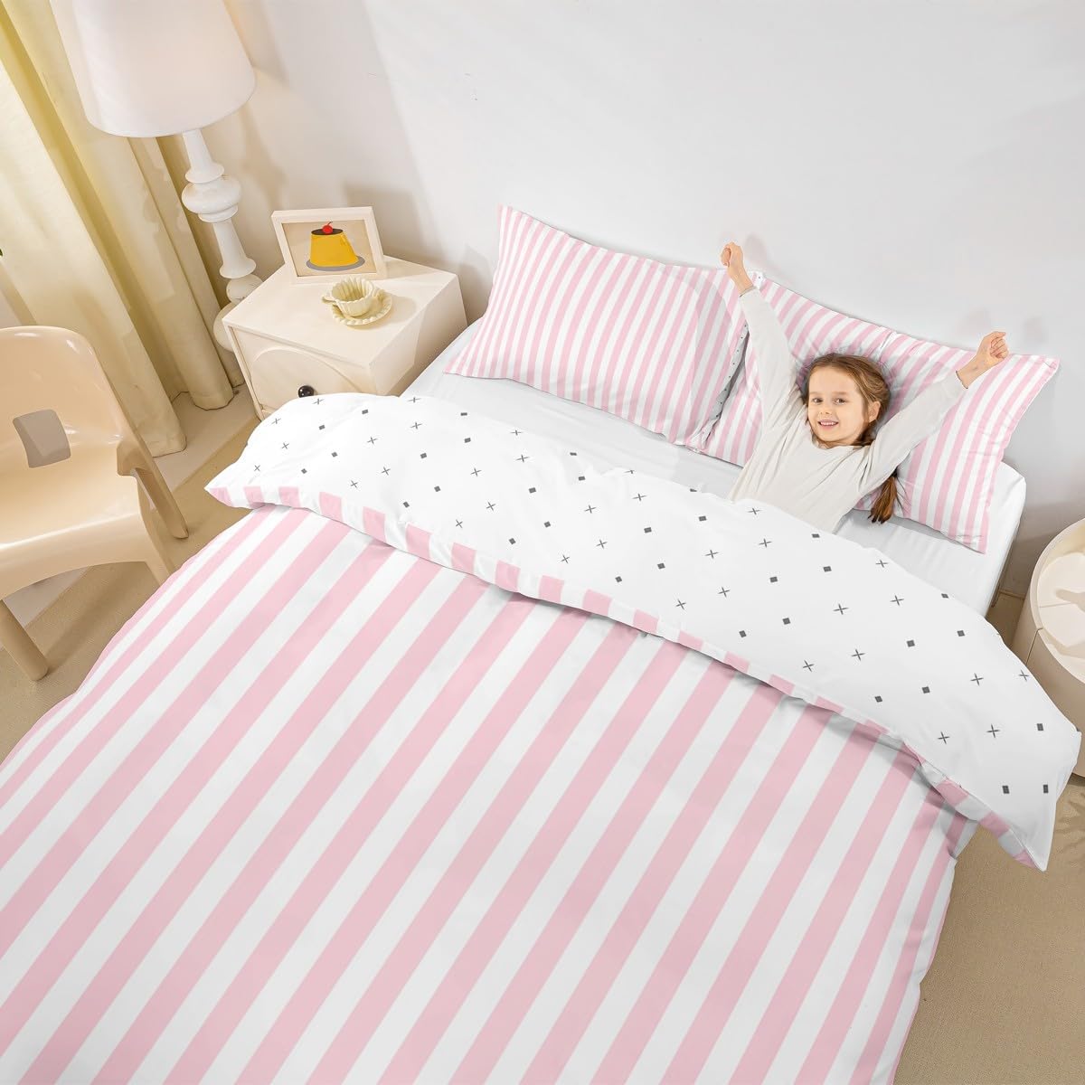 Manfei Striped Duvet Cover Set Twin Size,Minimalist Vertical Stripes Bedding Set 2 Pcs for Boys Girls Adults,Modern Style Pink White Comforter Cover(No Filler),Line Art Quilt Cover