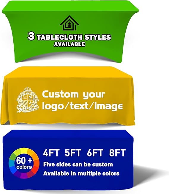 Customized Tablecloth with Logo 4/5/6/8/10FT for Business Tradeshow Events Company School Shop Welfare Organization Other Important Events Shipping Next Day (Flat Tablecloth, 5FT Back Open)