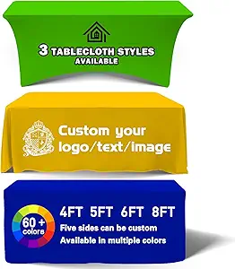 Customized Tablecloth with Logo 4/5/6/8/10FT for Business Tradeshow Events Company School Shop Welfare Organization Other Important Events Shipping Next Day (Flat Tablecloth, 5FT Back Open)