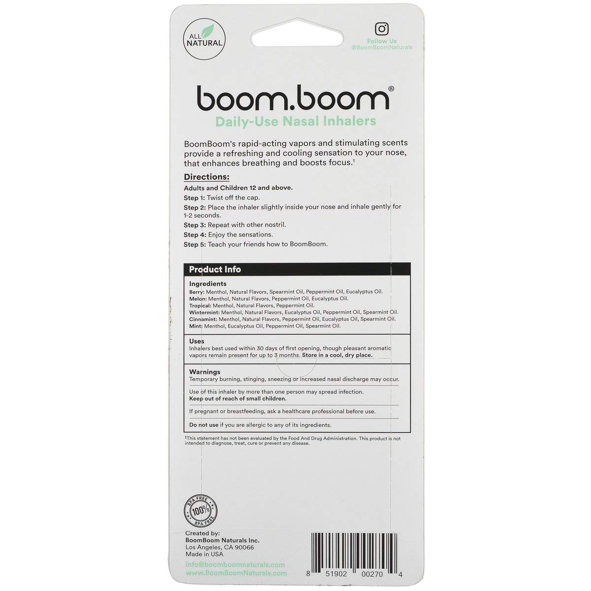 Aromatherapy Nasal Inhaler (6 Pack) by BoomBoom Boosts Focus