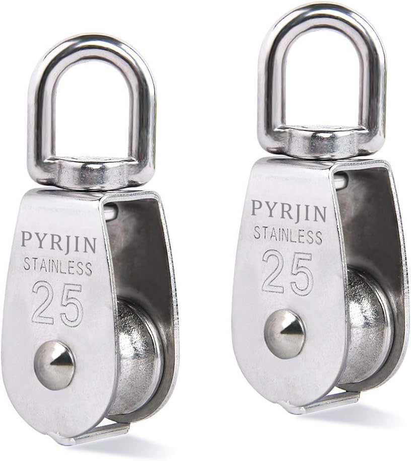 25mm Single Pulley Block, 1”Swivel Pulley, in Heavy Duty 304 Stainless Steel Pulley Roller, M25 Pulley System, Loading 331Lbs/ 150Kg, 2Pcs
