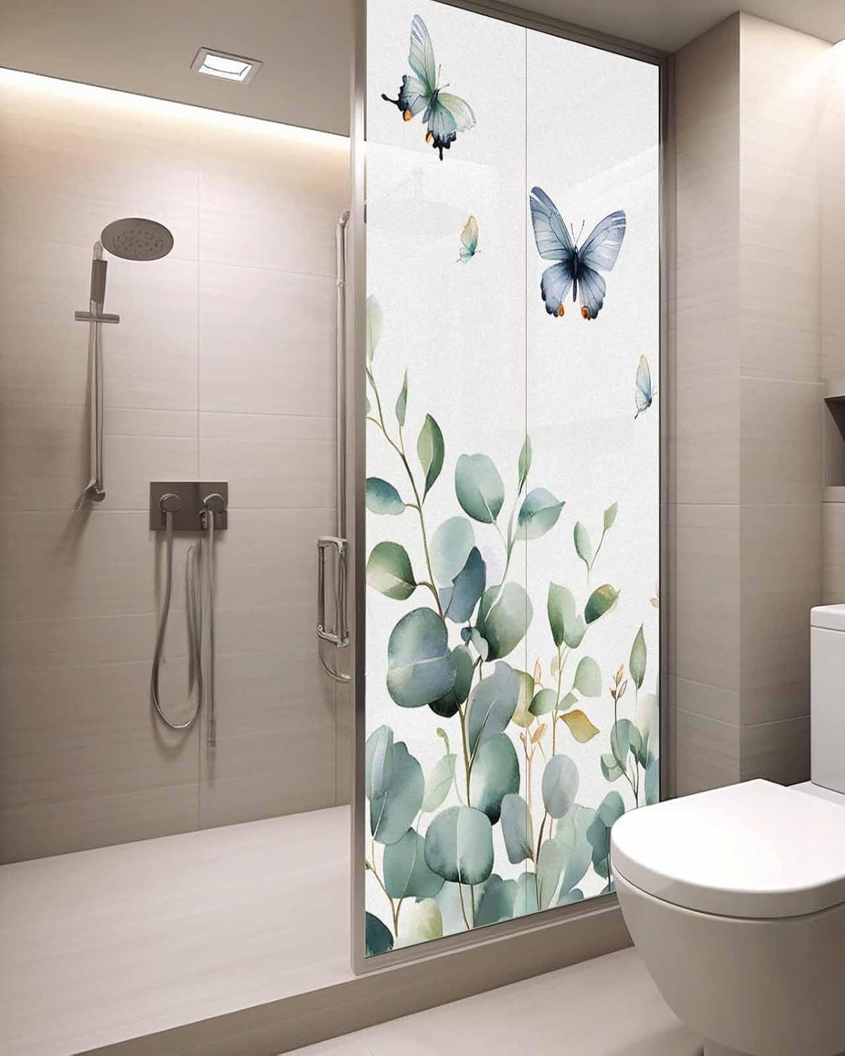 Sage Green Window Privacy Film Stained Glass Window Film Decorative Window Cover Static Window Cling for Glass Door Spring Eucalyptus Leaf Butterfly White Window Stickers for Bathroom 29.5"x78.7"
