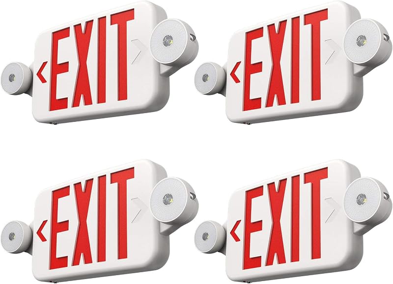 Freelicht 4 Pack Red Commercial Exit Signs with Emergency Light | UL Listed,Two Adjustable Heads,Wall & Ceiling Mount,Hard Wired,120/277V AC, 90 Min Backup,Flame Retardant,Commercial Use