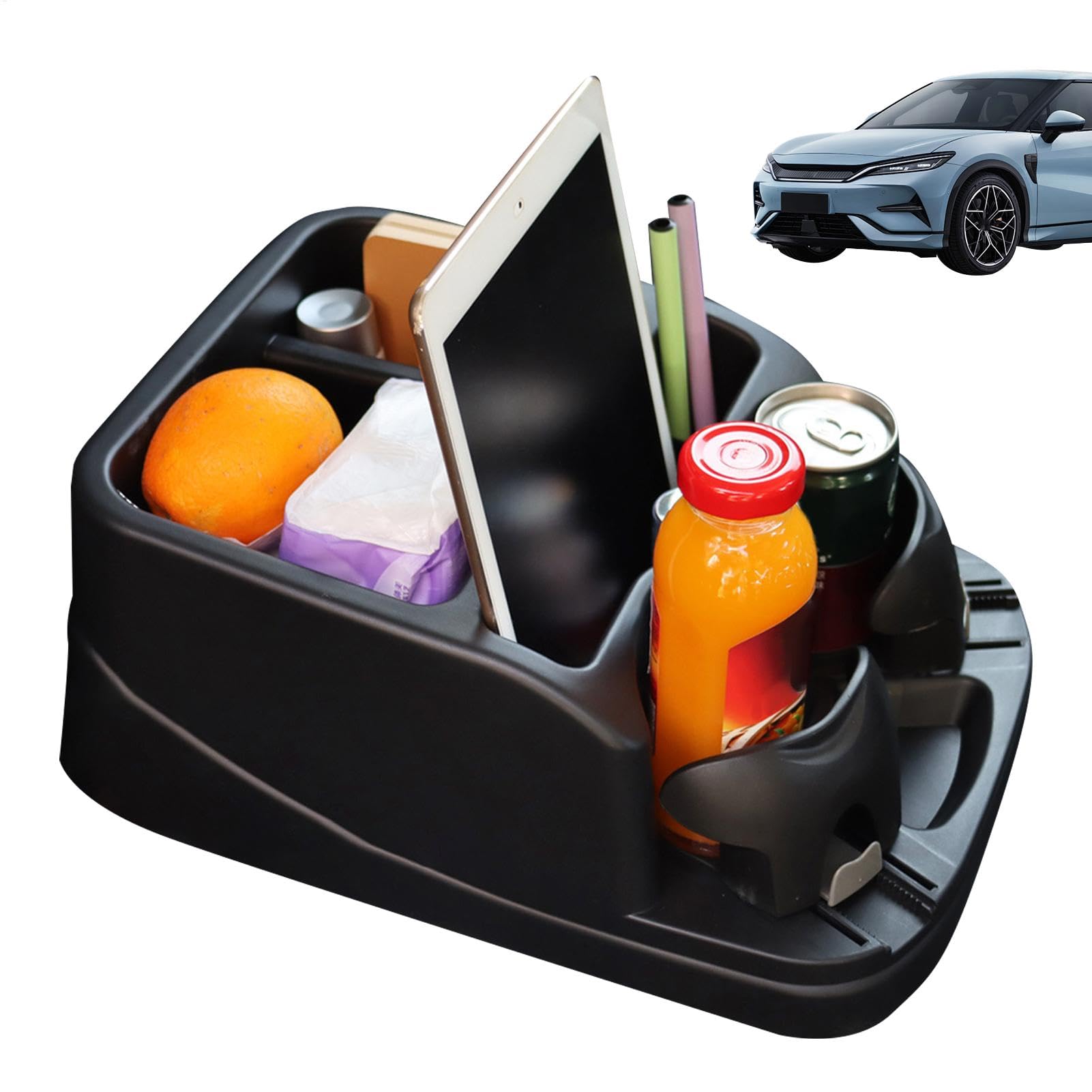 Boîte de rangement voiture grand volume avec plateau porte-gobelet pour accoudoir