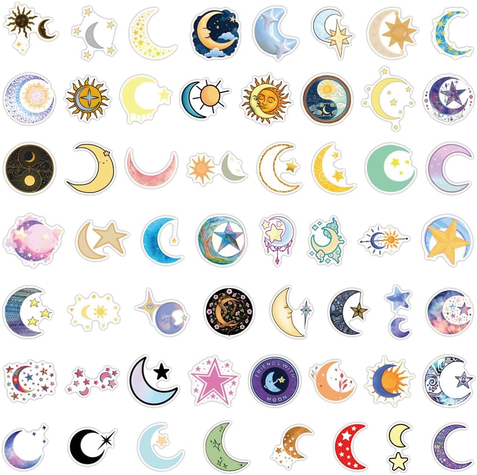 55Pcs Moon and Star Stickers, Decals Vinyl Waterproof Stickers for Water Bottle Laptop Luggage Helmet Skateboard Snowboard Guitar Scrapbook Phone Gifts for Teens Girls Kids Adult(Moon Star) - Image 6