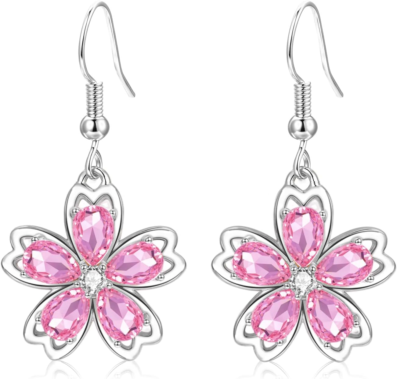 VONSSY Pink Cherry Blossom Necklace Earrings Cubic Zircon Crystal Flower Flora Sakura Pendant 18k Gold Plated Chain Silver Post Stud Jewelry Set Gift for Woman Wife Girlfriend Mom