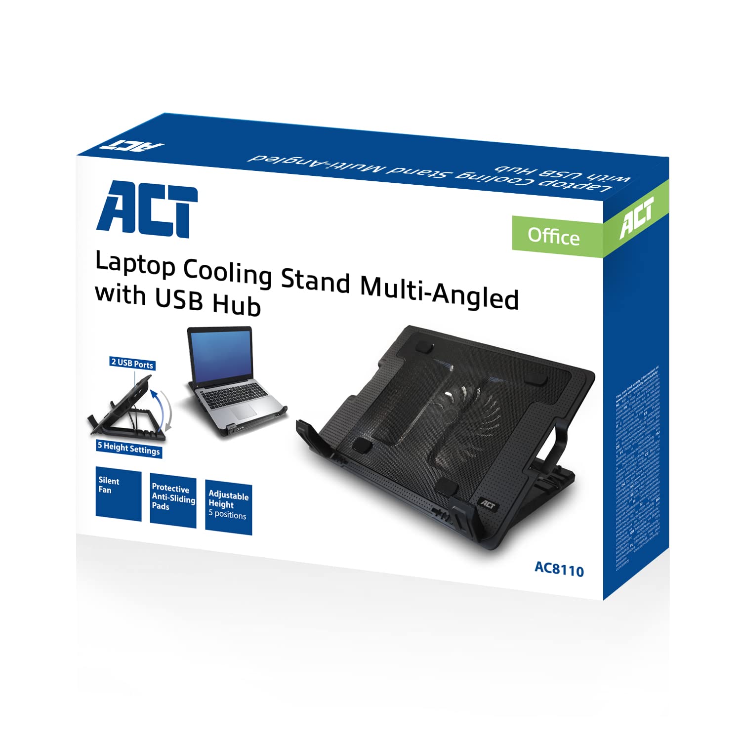 ACT Support de Refroidissement pour Ordinateur Portable 17", Hauteur réglable (5 Positions ergonomiques), 1 Ventilateur Silencieux pour Bureau, Port USB - AC8110