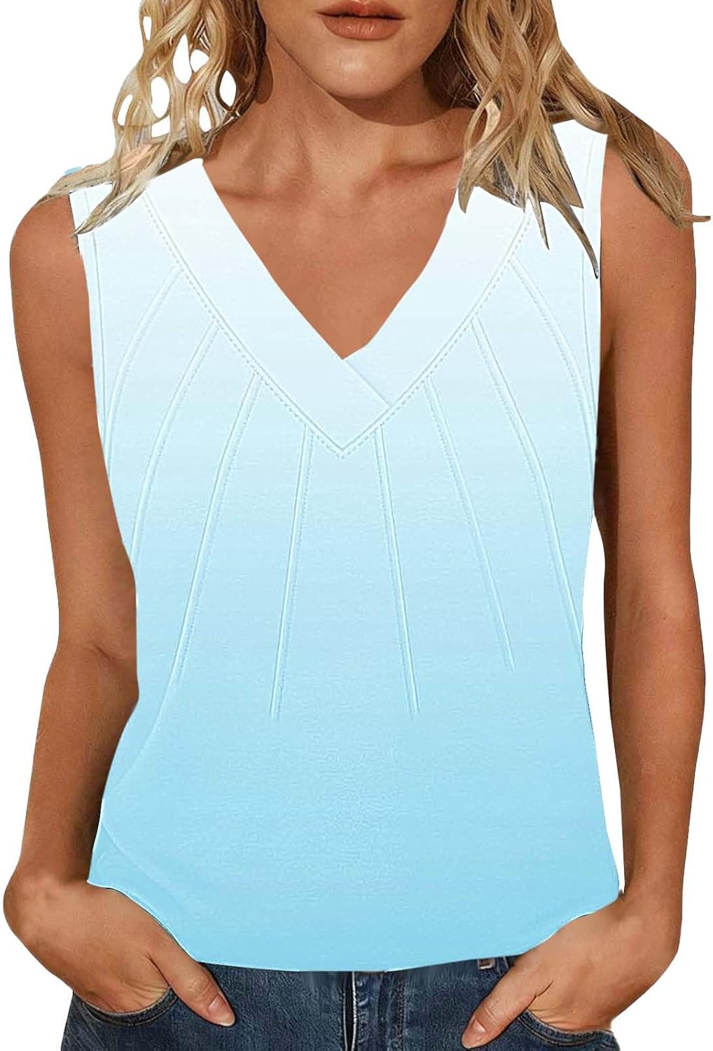 Summer Tank Tops for Women V Neck Sleeveless Loose Fit T-Shirts Casual Printed Pleated Tunic Blouse 2026 Summer Tops