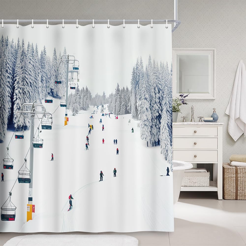 NYMB Sport Shower Curtain, Winter Holiday Travel Snow Mountain Skiing Cable Car, Polyester Fabric Snow Bath Curtain, Christmas Bathroom Shower Curtain Set with Hooks, 69X84in