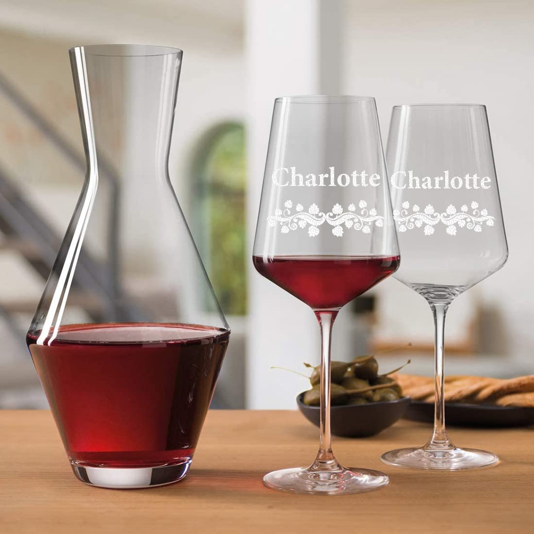 polar-effekt Leonardo Lot de 3 verres à vin rouge et décanteur en verre personnalisé avec gravure – 460 ml – Cadeau pour Noël – Motif vigne