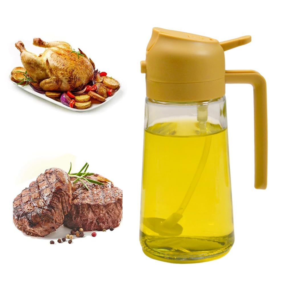 Yiyiwang Yellow 2 In 1 Spray Design Oil Dispenser Bottle Auto Flip Olive Oil Sprayer Leakproof Glass Vinegar Sprayer For Kitchen Cooking Air Fryer Roasting Salad Baking Grilling, 450Ml