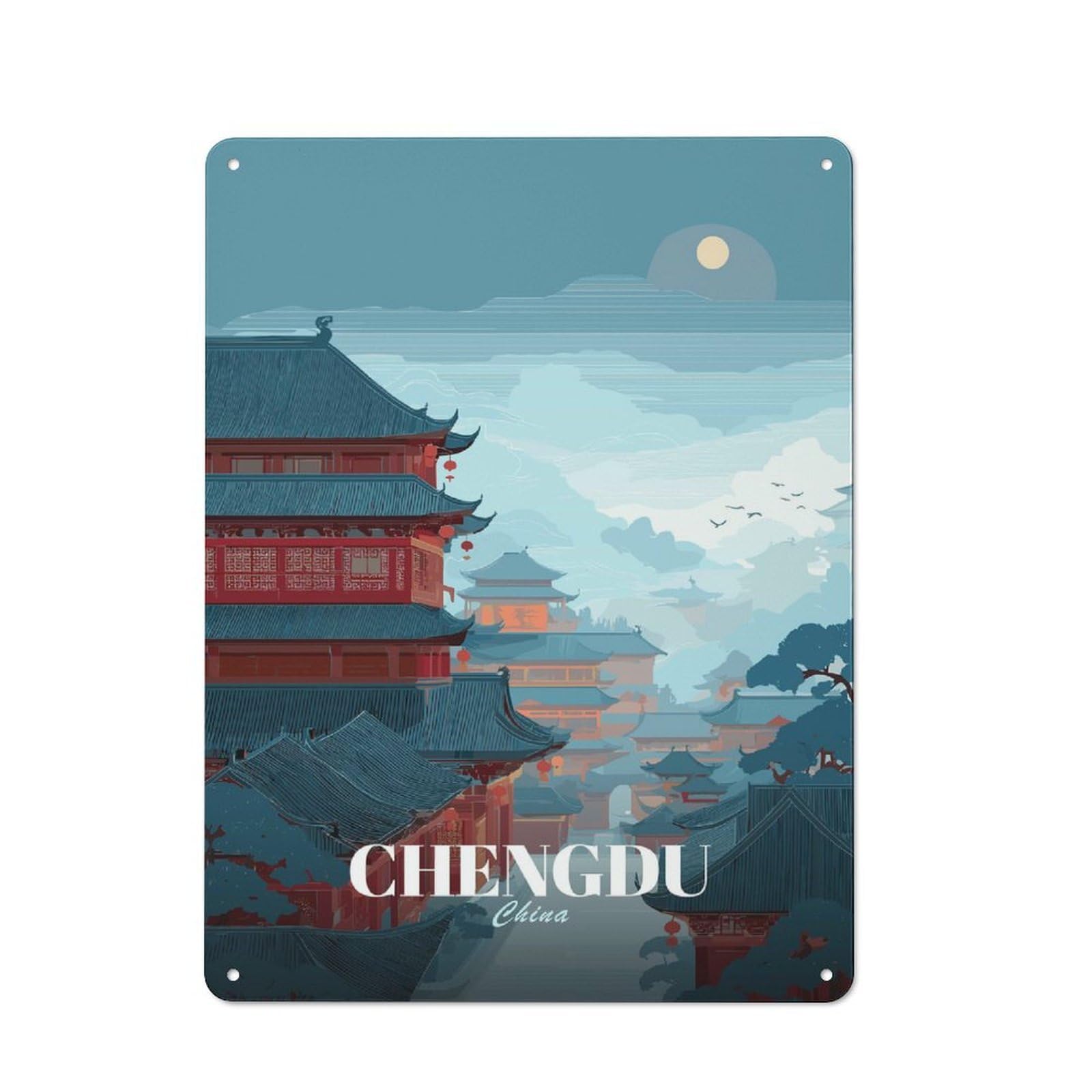 Vintage Chengdu, China Cityscape Illustration Metal Plaque 40x30cm, Diner Style Decor for Bakery, Diner, Cafe Or Family Room