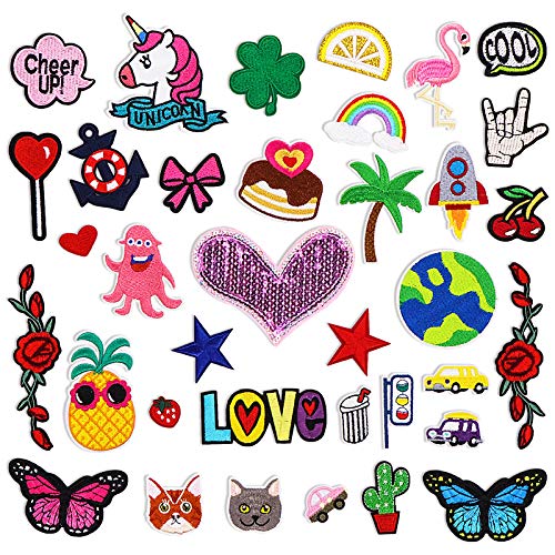 Pawliss Decorative Patches, Assorted Styles Embroidered Patches, Sew On/Iron On Patches for Clothing Jackets Bags Jeans Hats Shoes, 36p