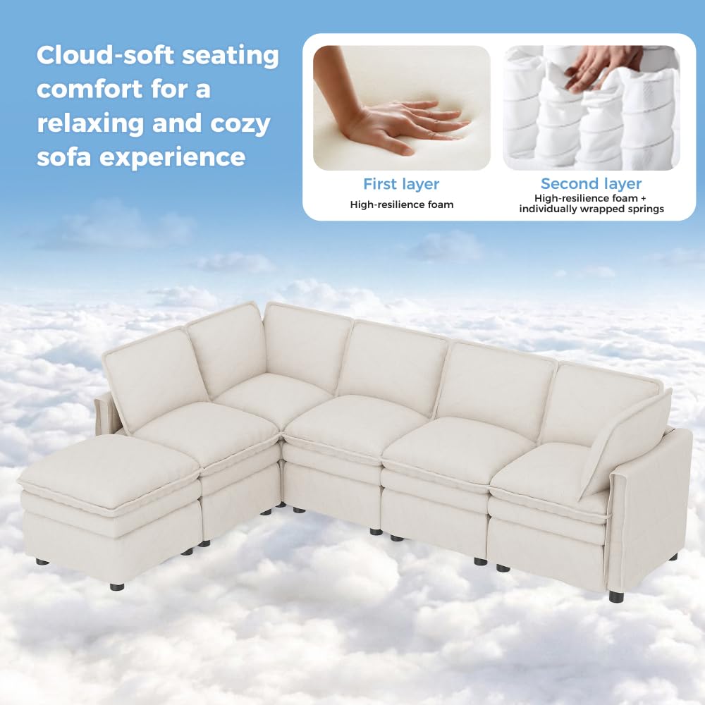 Sofá esquinero convertible, sofá convertible de 4 plazas, sofá cama con función de descanso, se puede combinar libremente en forma, con reposapiés móvil, doble acolchado de asiento,chenilla,(Beige)