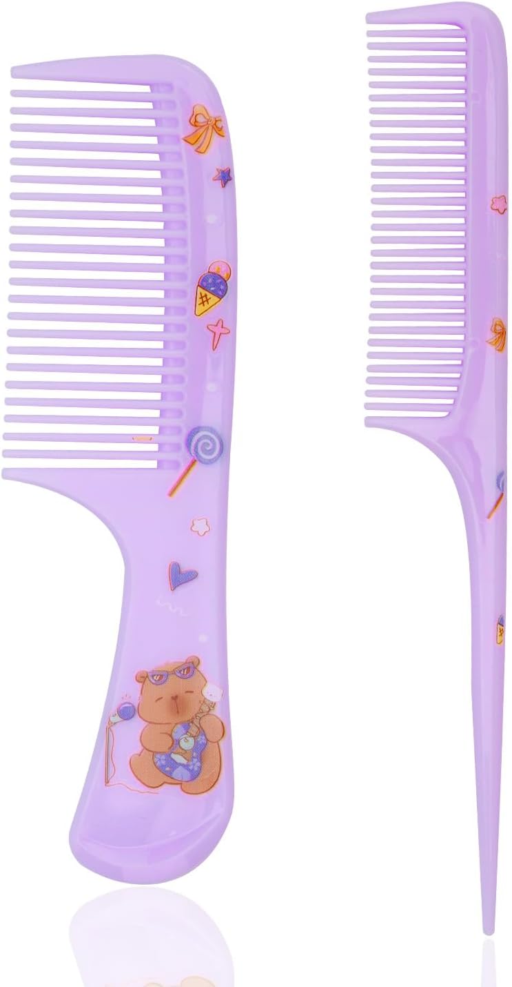 2pcs Cute Hair Combs Set for Girls, Fine-Tooth Baby Comb & Rat Tail Styling Comb Mini Plastic Hairbrush for Toddlers Kids Women All Hair Types (Purple Capybara)