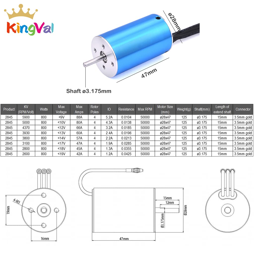 KingVal Replacement 2845 2600KV Brushless Sensorless Motor Shaft 3.175mm with 35A Brushless ESC Compatible with 1/14 RC Car