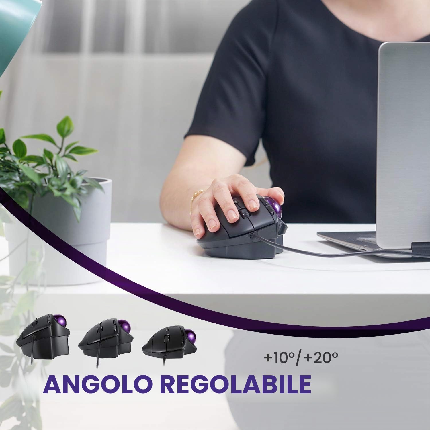 Perixx PERIMICE-520 - Mouse ergonomico trackball cablato, angolo regolabile, livello 2 DPI, colore: Nero