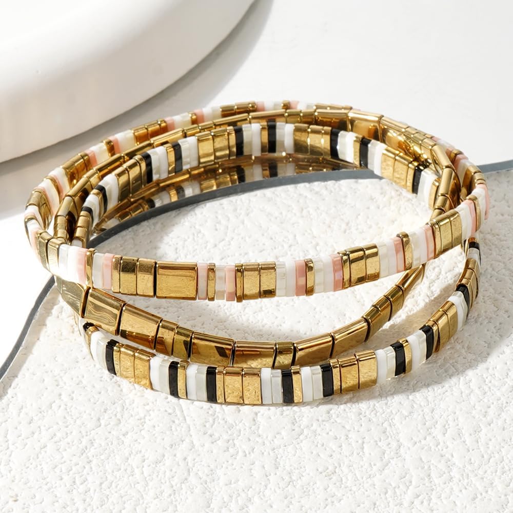 Tila Flat Beaded Bracelets for Women Bohemian Colorful Stretch Square Glass Bead Bracelet Stack Elastic Layering Stackable Handmade Boho Trendy Holiday Jewelry Accessories Friendship Gift - Image 4