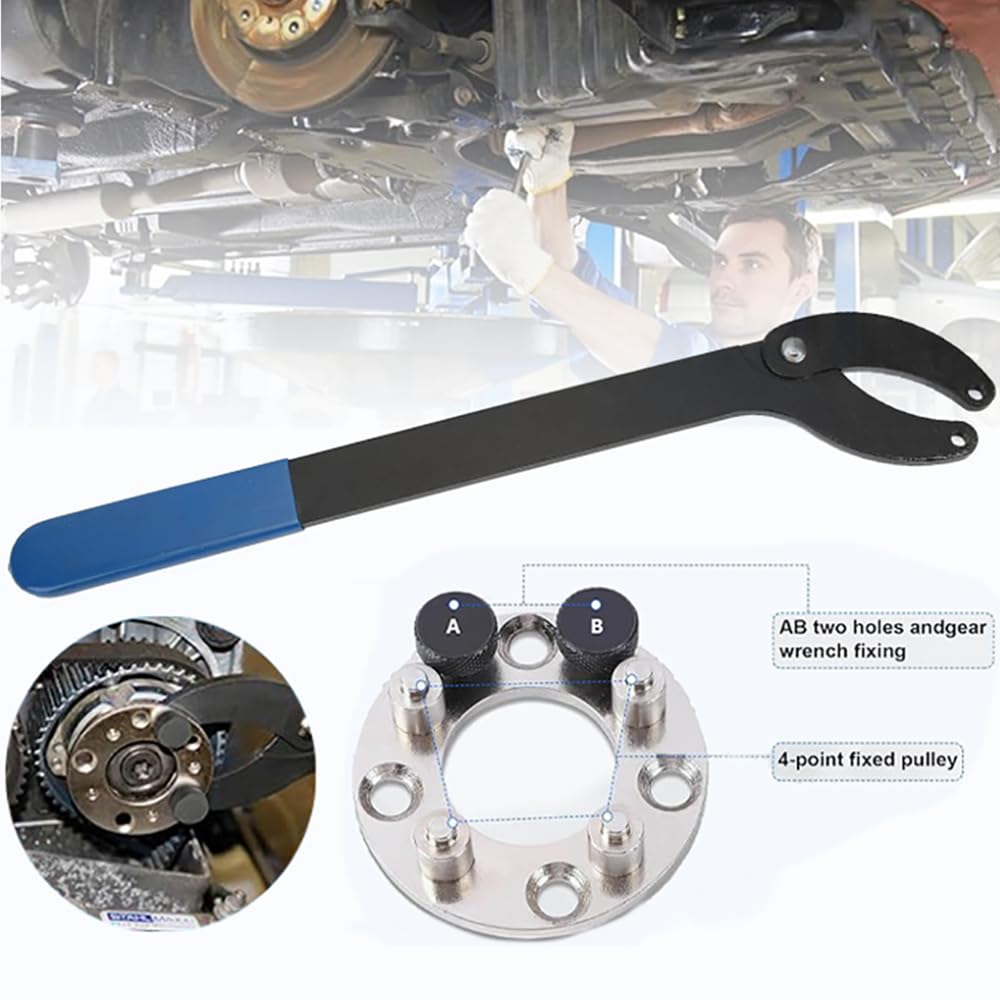 Chiave di Serraggio per Alberi a Gomiti e Fissaggio Pulegge|420mm Lunghezza,Apertura Max 146mm|Metallo e ABS Nero|Compatibile con VW Audi Skoda|Attrezzo per Fissare Pulegge su Pompe Olio, Smorzatori
