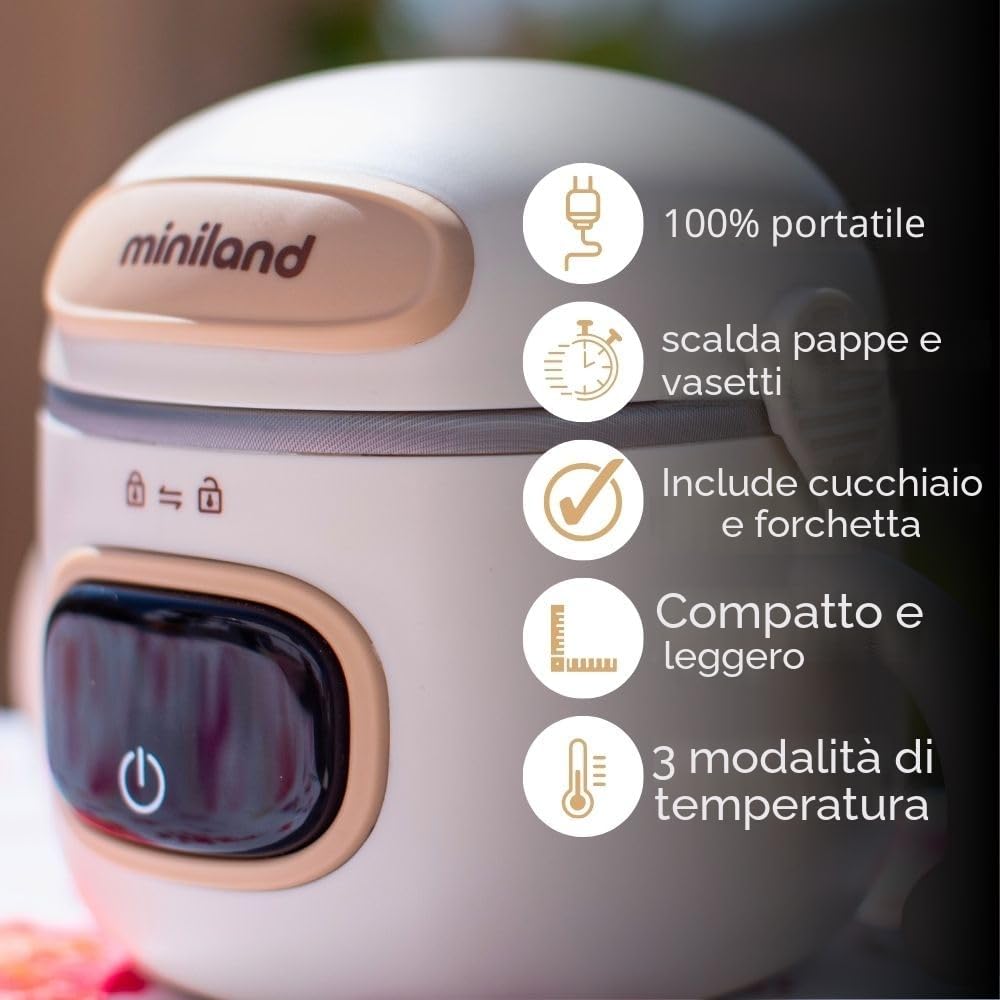 Miniland Scaldabiberon Portatile Senza Fili 7500mAh, Scalda Pappa Portatile Neonato da Viaggio e Scaldavivande a Batteria, Kit Svezzamento con Posate, Display LED, 3 Temp | Warmy Food On the Go