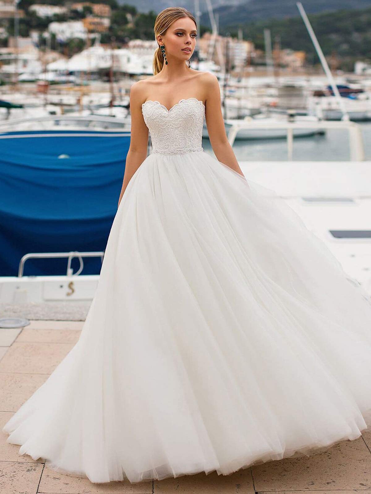 Vestido de Novia de Tul Largo de la Princesa Retro Vestido de Novia sin Tirantes para Hombros Vestido de Novia Elegante para Mujeres, Blanco, 46