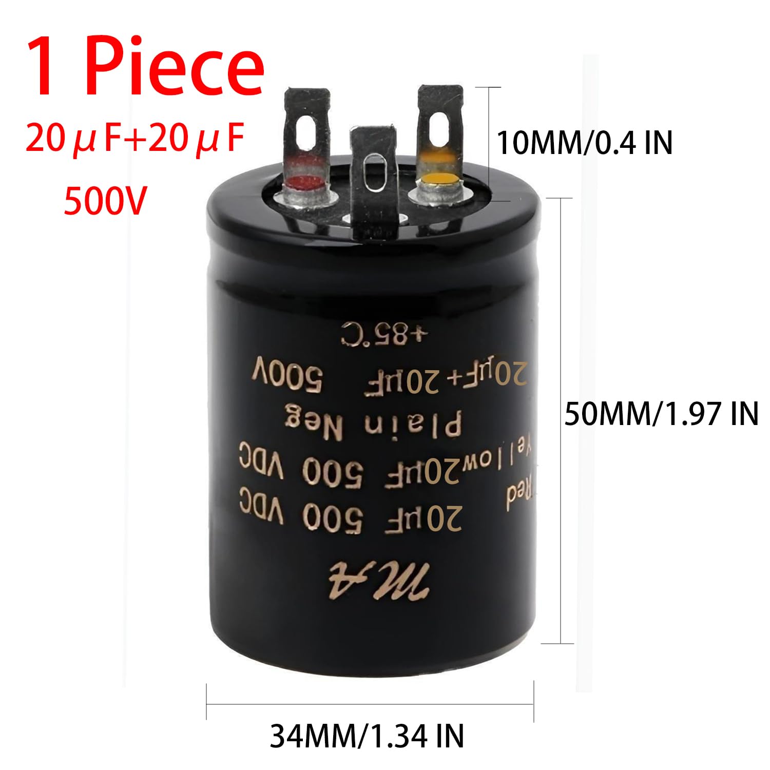1 x 500V High-Voltage Electrolytic Capacitor 20μF+20μF for Guitar/Hi-Fi Amplifiers 34×50MM Audio Electrolytic Dual Amplifier Capacitor。