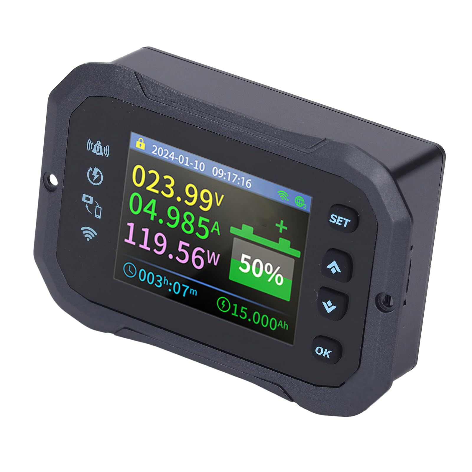Cryfokt Misuratore Batteria WiFi, Display da 2,4 Pollici Monitoraggio Remoto in Tempo Reale per Tensione Corrente Potenza con Connessioni APP WiFi BT, per Scooter Elettrico per Auto RV