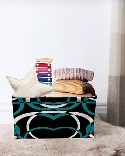 Miniatura 7 de Teal Black Geometric Storage Basket for Organizing Shelves, Collapsible Storage Bins Boxes with Handle, Modern White Round Geometric Abstract Canvas