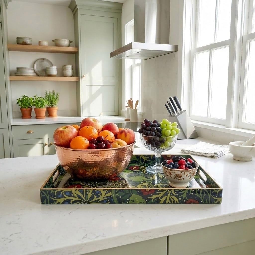 15.8" x 11.8" Navy Green Plastic Serving Tray with Handles, Seaweed & Poppy Botanical Floral Pattern with Red & Blue Accents and Gold Trim, for Ottoman, Coffee Table, Vanity