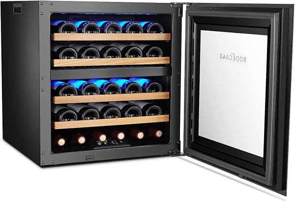 BODEGA43-24 Cantinetta vino – Doppia Zona, 5-20 ºC, 80 litri, 24 bottiglie, 6 bottiglie a ripiano, sportello di design interamente in vetro con touch panel, a bassissima vibrazione, 43dB, nera - 4