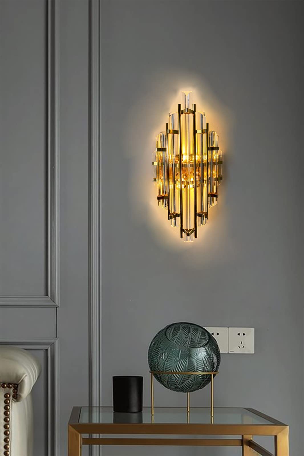 bamyum Champion Wandleuchte Gold Farbe 25 x 45 cm, Wandleuchte Innen Kristall Vintage, Wohnzimmer, Wandlampe Glas Schlafzimmer, Groß