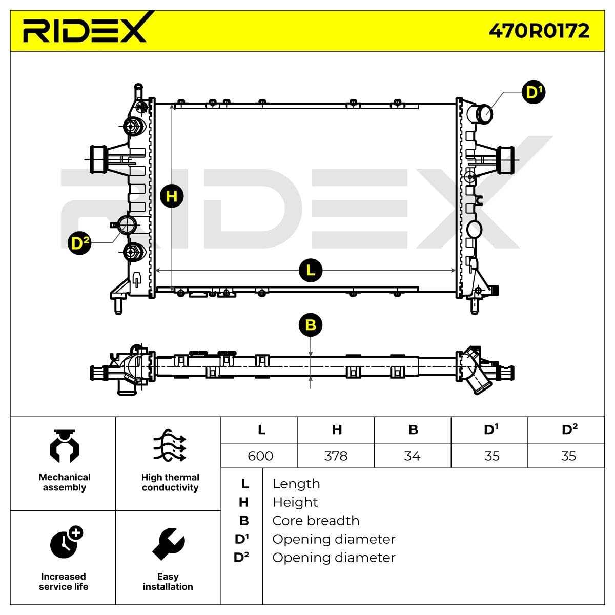 RIDEX 470R0172 Radiador refrigeración del motor Compatible con OPEL Astra G CC T98 Gasolina Gasóleo