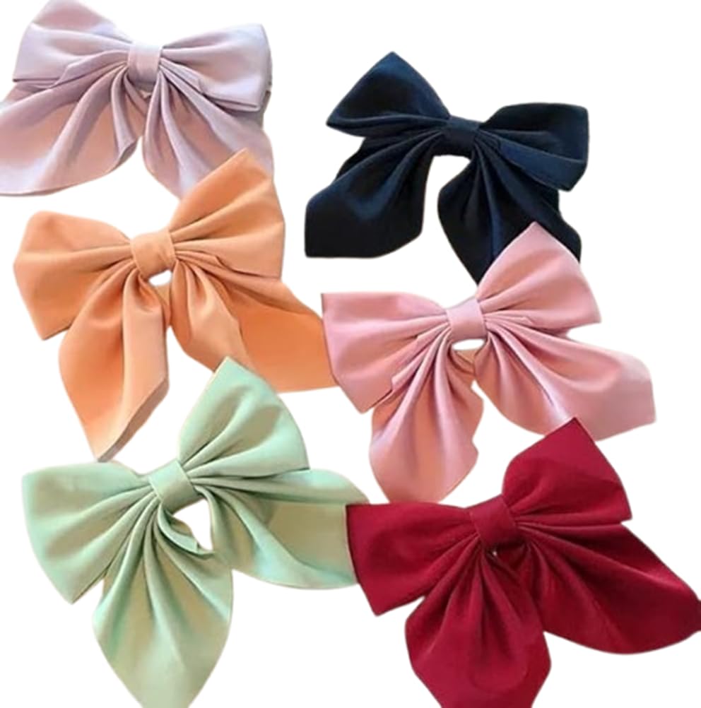 HOMEPIC Large Satin Hair Bows Ties for Girls Women Silk-Stylish French Bow Hair Clip Bowknot Hair Barrettes Big Ribbon Bow with Long Tail Pack Of 6 (Multicolor)