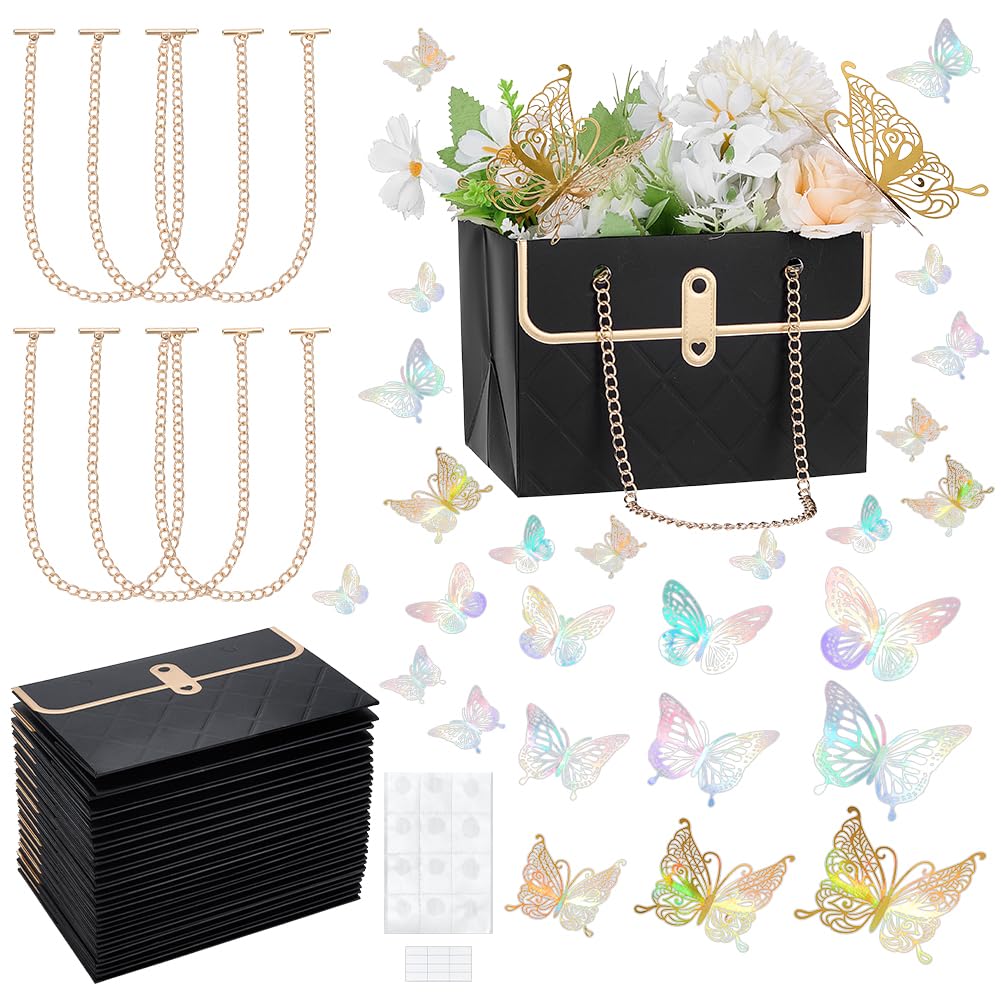 NBEADS 16 Pcs Black Flower Paper Gift Bag Sets, Bouquet Storage Florist Handbag with Golden Alloy Chains wtih 36Pcs Double Sided Adhesive 3 Styles Butterfly Paper Wall Stickers, 10.5x15x10cm