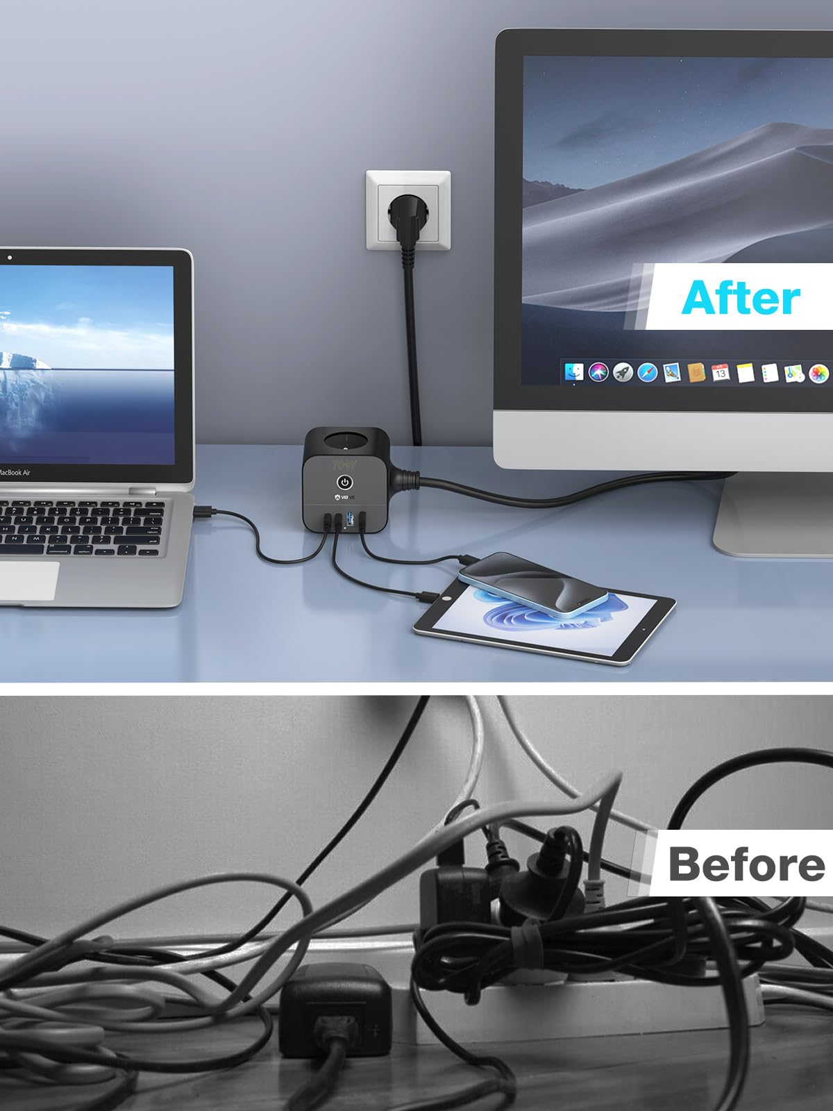 VEFVE Regleta Tipo E (Estándar Francés) 70W GAN, Cubo USB C Carga Rápida, Ladrón 7 en 1 con Interruptor, para MacBook, iPhone 17, Cable 3m, Negro