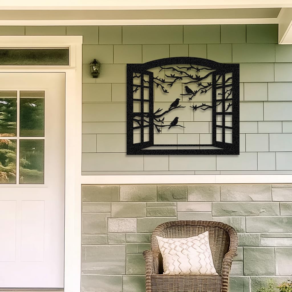 Window Metal Wall Decor Farmhouse Wall Art Bird Decor Tree Branch Art Nature Wall Ornament Rustic for Garden Living Room Office Indoor Outdoor - Black, 23.6x20.5 inch