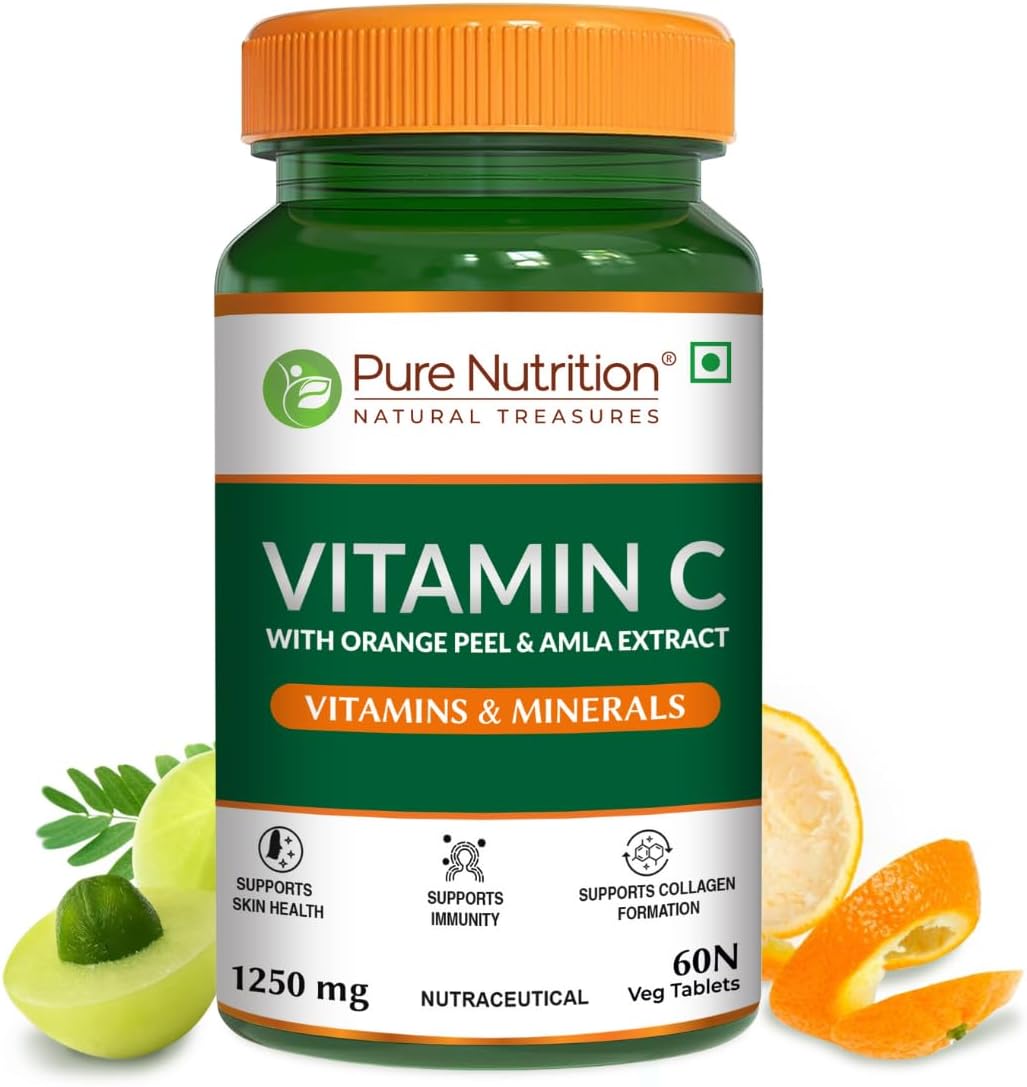 Pure Nutrition Plant-Based Vitamin C 60 Veg Tablets with Amla & Orange Peel Extract | Boosts Immunity & Skin Glow | Natural Antioxidant for Men & Women | Supports Collagen Formation & Fights Free Radicals for Healthy Skin