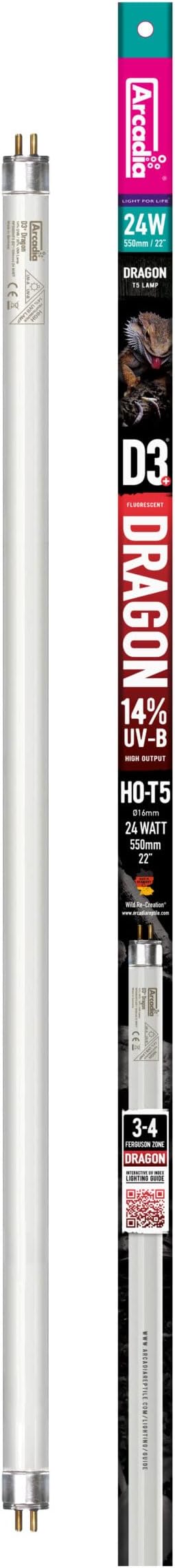 Arcadia D3+ Dragon T5 Lamp, 14% UVB High Output. 24W 56cm (22"), Flicker-Free Full Spectrum Reptile Light, CRI 95+ Bright Natural Light, 12-Month Lifespan, Replacement Bulb for Pro T5 & LumenIZE Kits