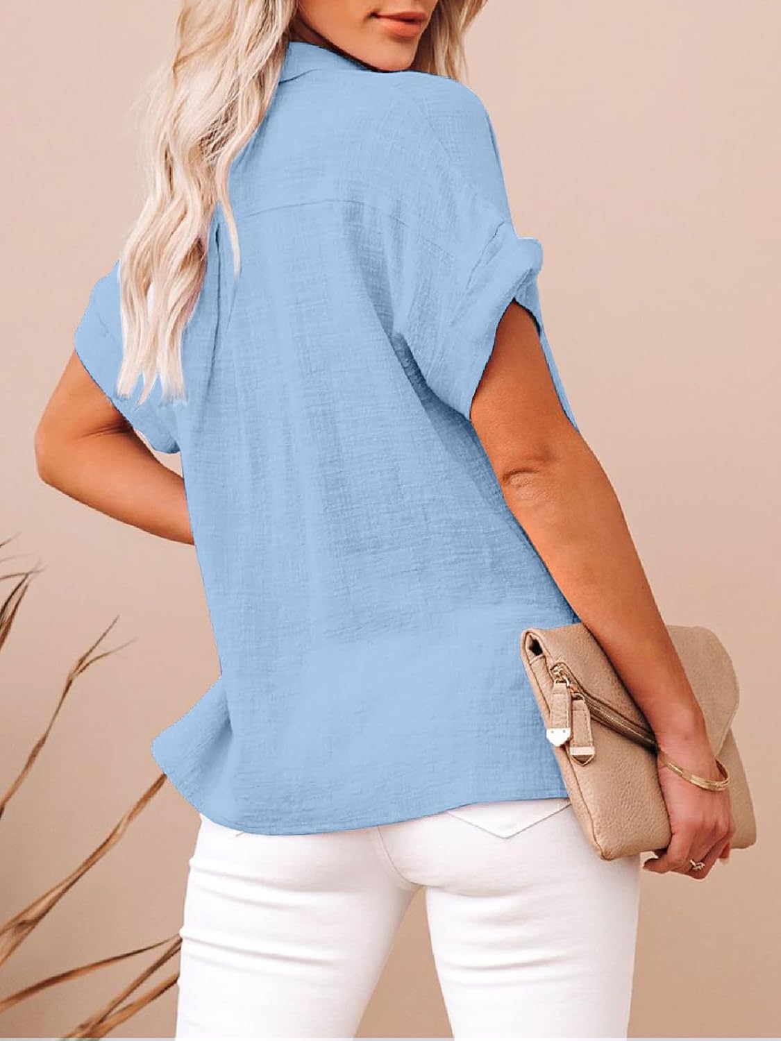 Womens Cotton Linen Button Down Shirts Short Sleeve Dress Shirts Casual Summer Tops Blouses with Pockets - Image 3
