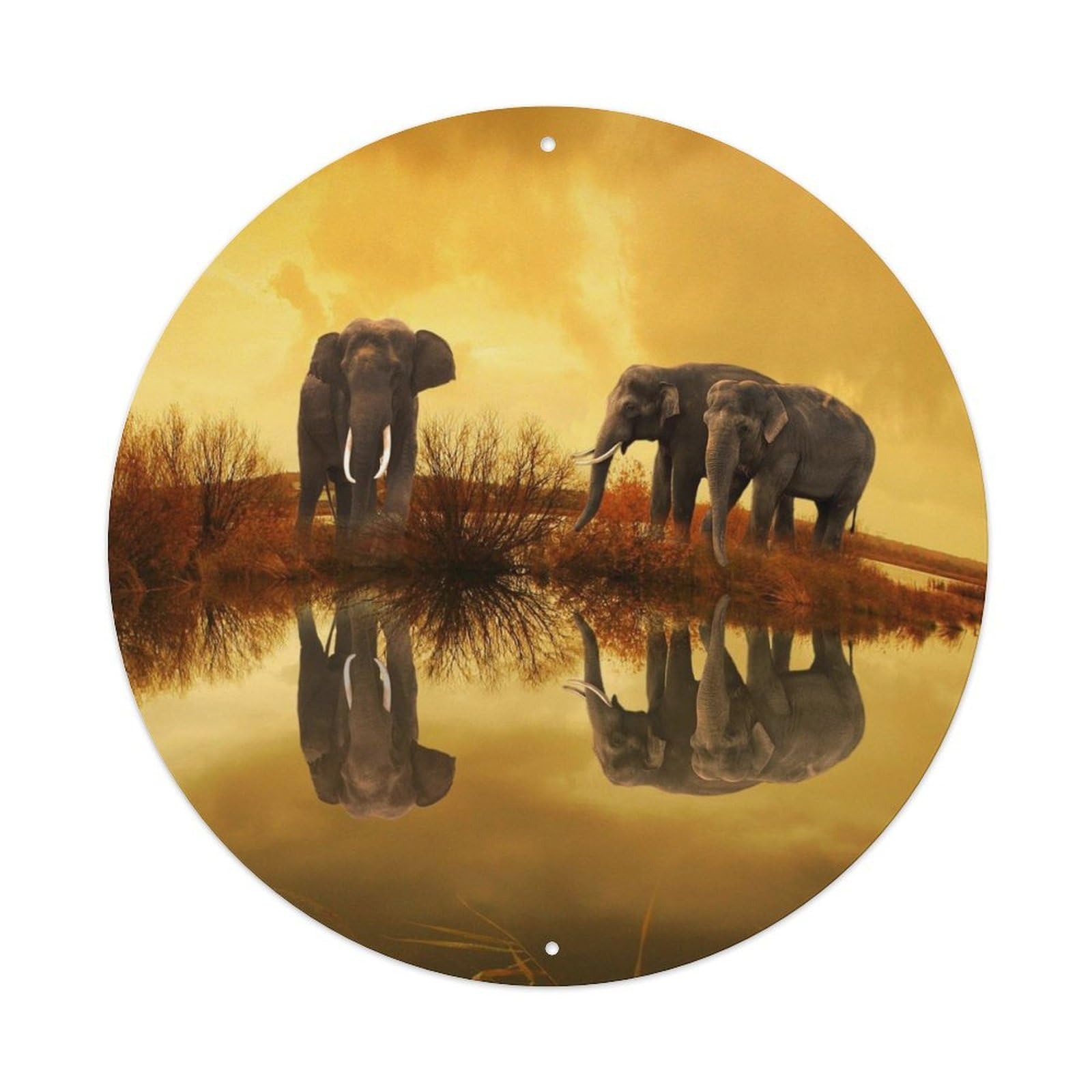 African Savanna Animals Elephants Sunset Reflection Wildlife Landscape Vintage Metal Tin Sign Plaque Wall Decor for Cafe, Club Bar, Office, Garden Metal Poster 8x8Inch